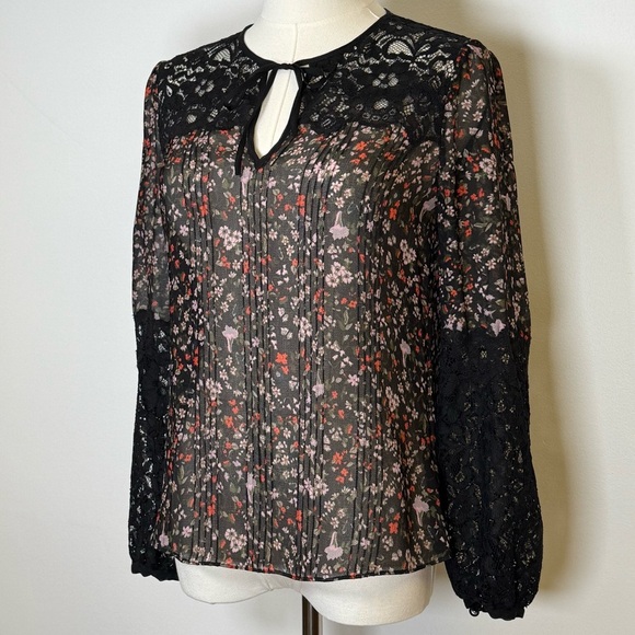 Rebecca Taylor ‘Lyra’ Red Floral Black Lace Pintuck Silk Blouse Women’s Size 00 - Picture 6 of 15